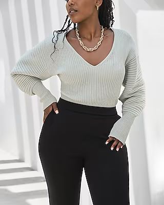 Ribbed Sculpted Sleeve V-Neck Sweater | Express