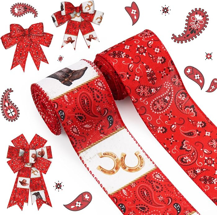 ALIBBON 2 Rolls 2.5" × 5 Yd Bandana Ribbon Red Bandana Floral Wired Ribbon Paisley Western Cowbo... | Amazon (US)