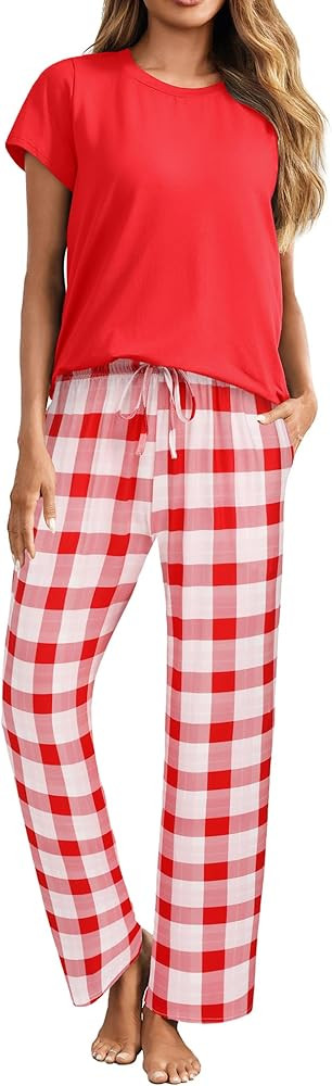 Ekouaer Pajama Sets for Women Round Neck Pjs Short Sleeve Sleepwear with Long Pants Loose Lounge ... | Amazon (US)