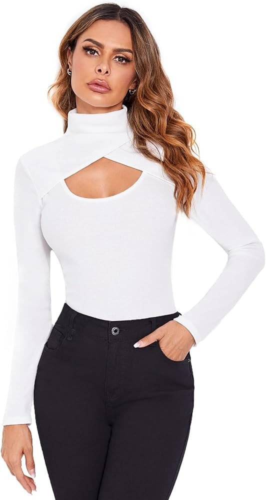 Romwe Women's Long Sleeve Cutout Wrap Front Mock Neck Slim Fit Tops Tee Shirts | Amazon (US)
