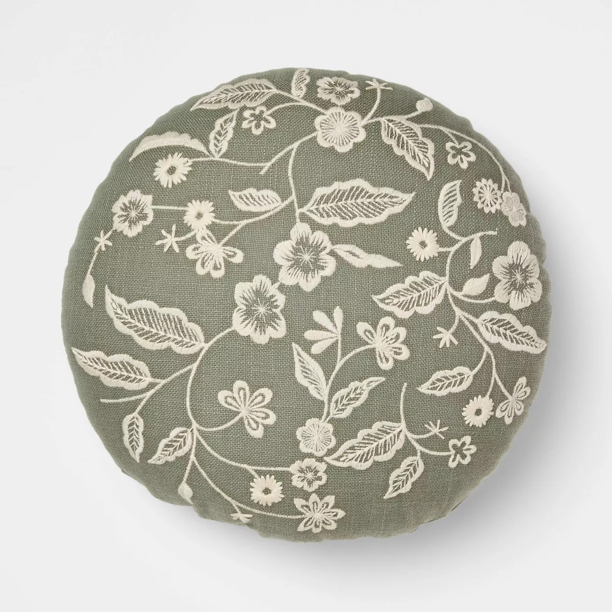 14" Round Pillow Embroidered Floral Army Green and Cream - Threshold™ Design with Studio McGee | Target