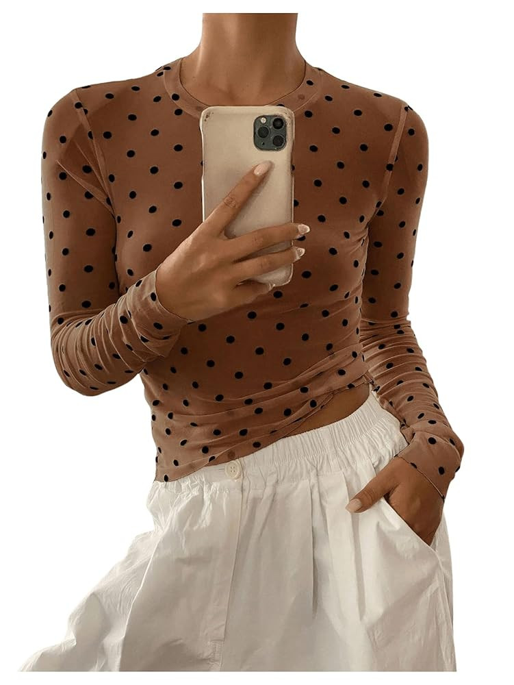 SHENHE Women's Polka Dots Sheer Mesh T Shirt Round Neck Slim Fitted Streetwear Top | Amazon (US)
