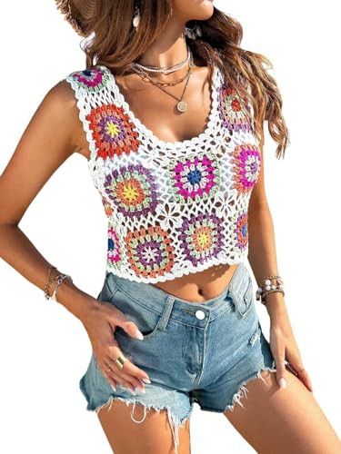 Verdusa Women's Scoop Neck Sleeveless Hollow Out Crochet Boho Crop Tank Top | Amazon (US)