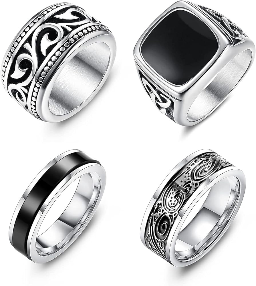 Adramata 4Pcs Stainless Steel Signet Rings for Men Vintage Biker Rings Set Silver Spinner Ring Go... | Amazon (CA)