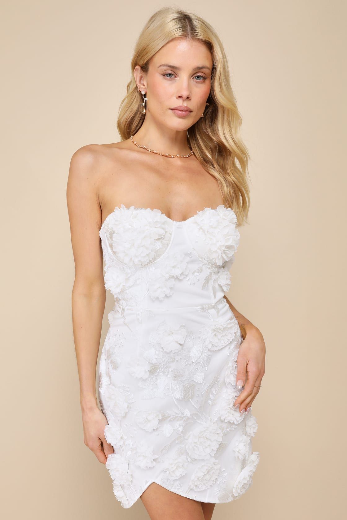 Blossoming Drama Ivory 3D Floral Strapless Bustier Mini Dress | Lulus