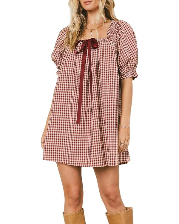 Women's Plaid Babydoll Short Dress Puff Sleeve Cute Tie Mini Dress Gingham Spring Dresses | Amazon (US)