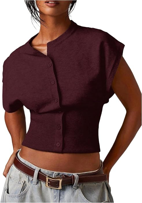 SHENHE Women's Cap Sleeve Button Up Sweater Sleeveless Knit Vest Crop Top | Amazon (US)
