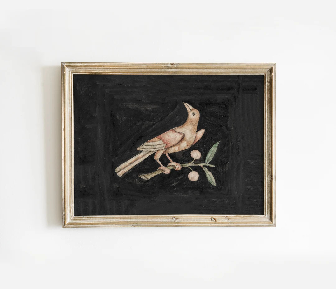 Dark Academia Vintage Folk Art Bird Print | Neutral Botanical Wall Art | Digital Download Gallery... | Etsy (US)