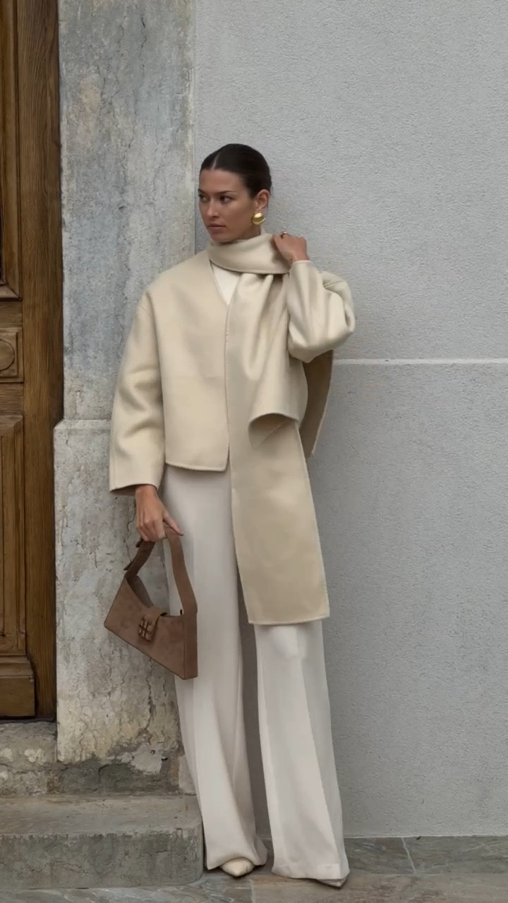 Scarf jacket, Marcella, Mango trousers, neutral outfit, street style, & other stories, neutral trousers, comfy outfit, autumn winter fashion, cosy outfit, gold earrings, white shoes 

#LTKSeasonal #LTKeurope #LTKstyletip