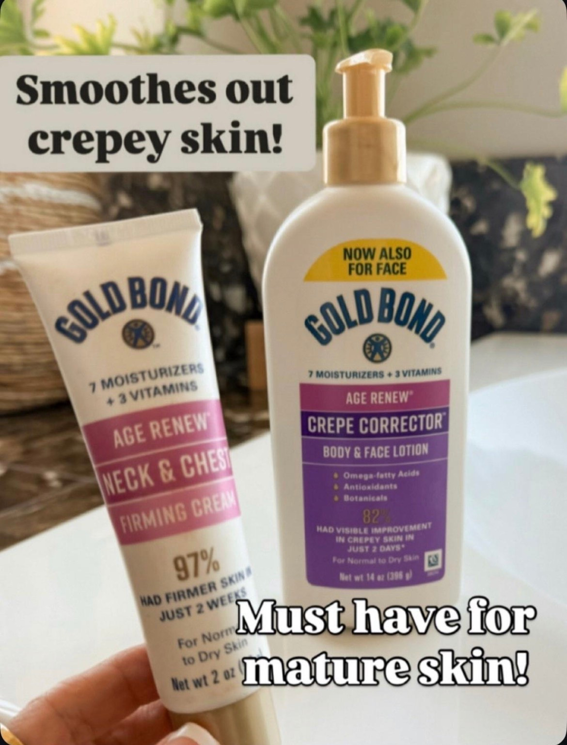 I’ve repurchased both of these more than once because they keep my skin feeling soft and hydrated. I use the neck and chest cream where I notice the most dryness, and the body lotion is a favorite after showering to keep everything feeling smooth.

Gold Bond Age Renew, Crepe Corrector, Neck and chest cream, Body lotion, Mature skin, Dry skin, Skincare favorites, Drugstore beauty, Body care, EverydayHolly

#LTKselfcare #LTKBeauty #LTKOver40