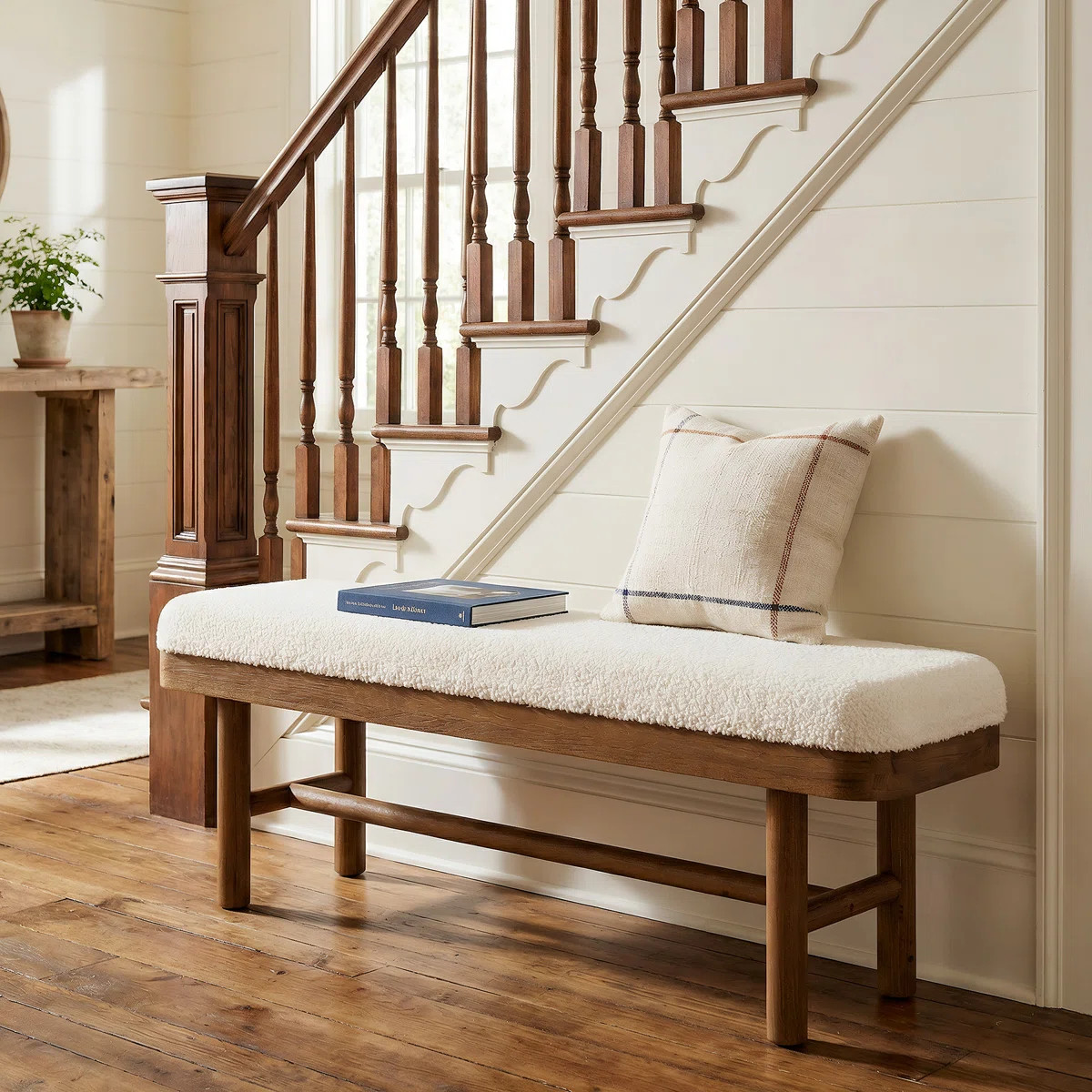 55-Inch Upholstered Entryway Bench, Solid Wood Shoe Bench with Cushion For  Entryway, Hallway, Be... | Wayfair North America
