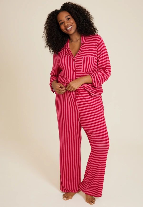 Plus Size Pink Striped Button Down Top And Wide Leg Pajama Set | Maurices