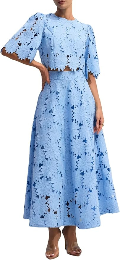 NIFTRIRY Two Piece Sets for Women Dressy Solid Color Embroidered Short Sleeve Crop Top and Maxi S... | Amazon (US)
