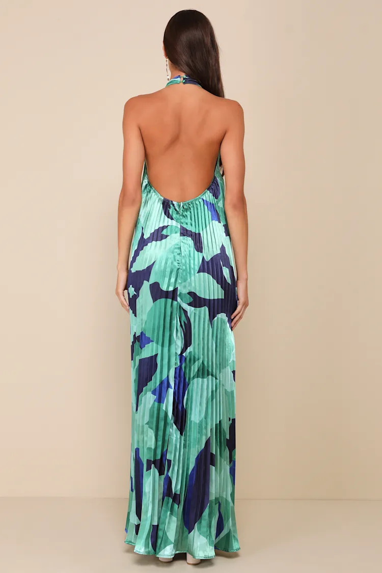 Prime Poise Green and Blue Abstract Satin Halter Maxi Dress | Lulus