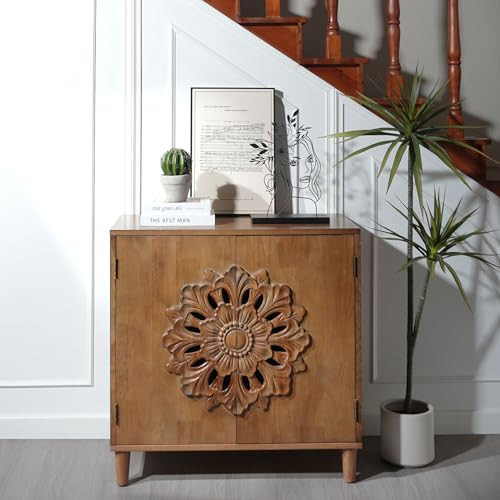 Jenvor Hand-Carved Wooden 2-Door Cabinet Boho Accent Storage Cabinet with Floral Design Solid Wood Sideboard for Living Room Entryway Bedroom Dark Brown | Amazon (US)