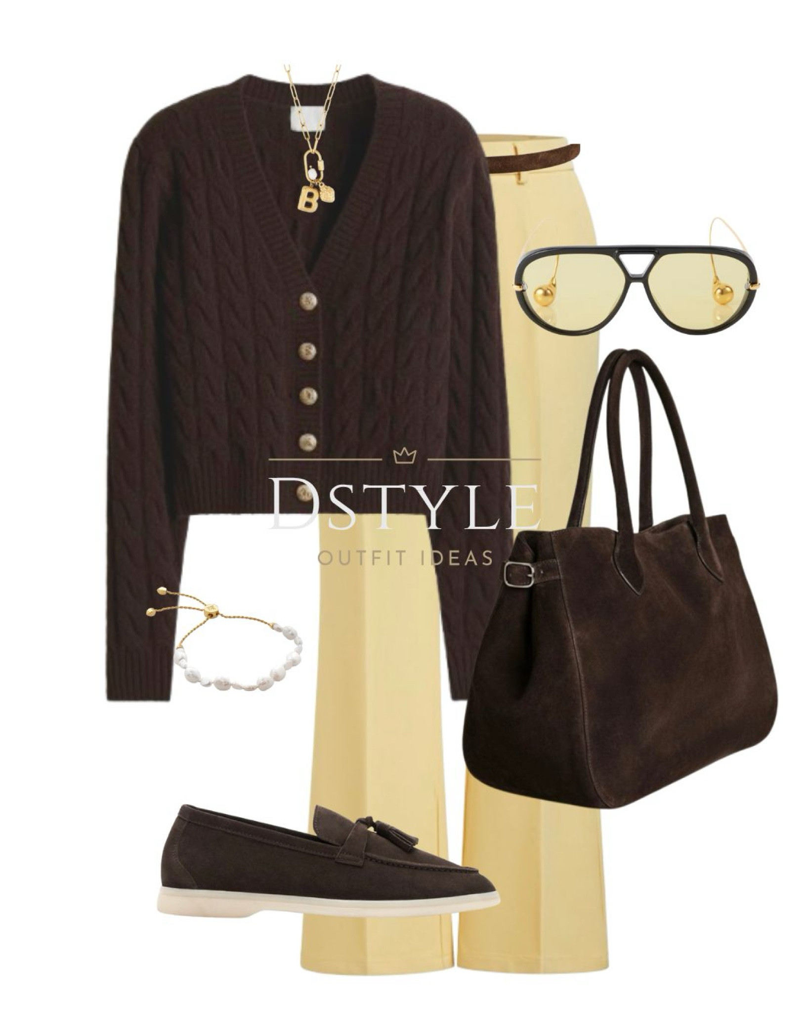 Dark brown cable-knit cardigan, yellow flared trousers, brown suede loafers, brown suede bag
spring outfit, workwear, spring style, fashion trends SS2025  

 

#LTKStyleTip #LTKWorkwear #LTKShoeCrush
