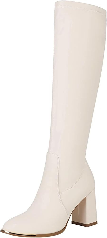 vivianly Women's Knee High Boots Pointed Toe Chunky Heel Long Boots With Side Zipper | Amazon (US)