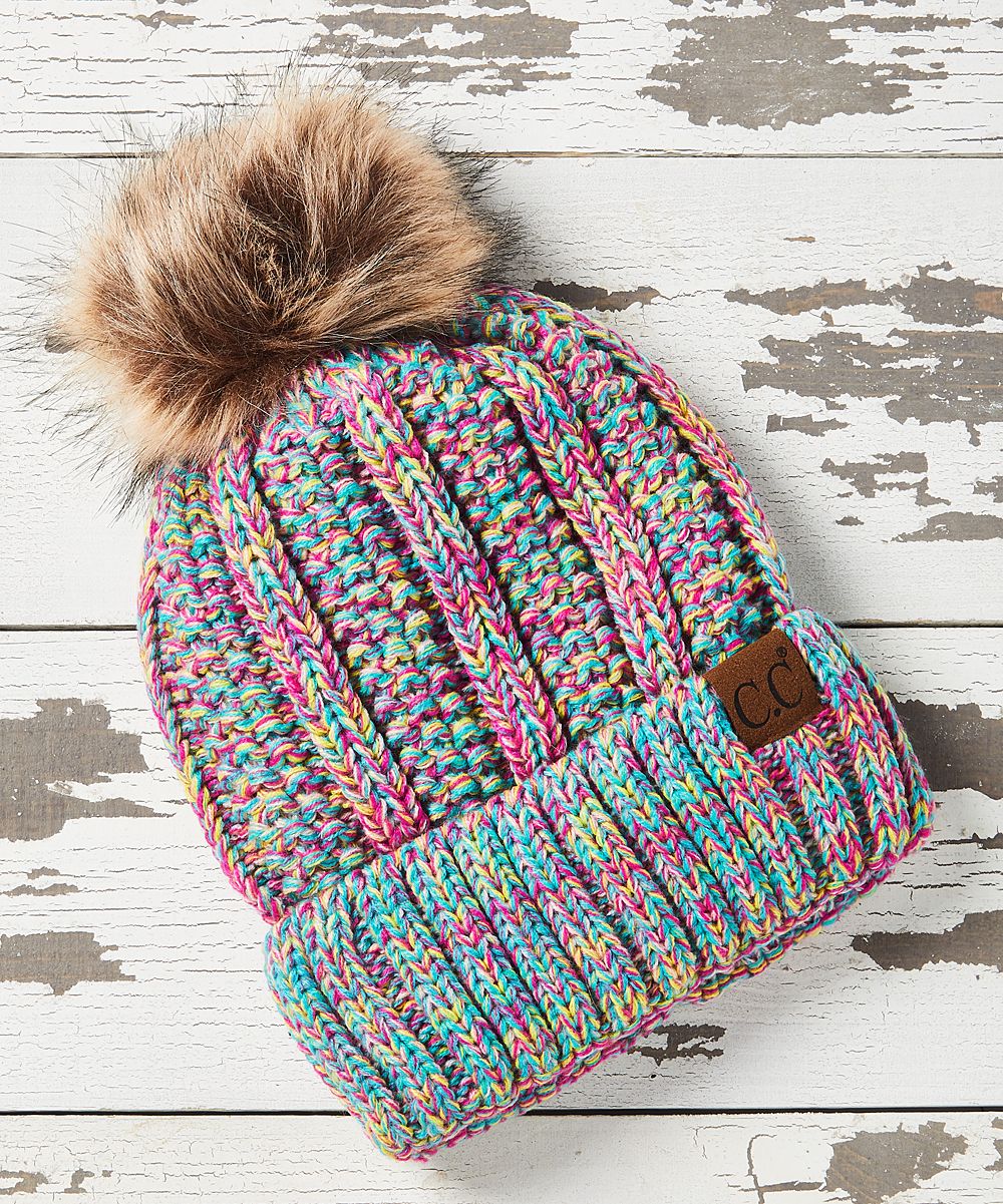 C.C Women's Beanies #11 - Pink & Blue Variegated Cable-Knit Faux Fur Pom-Pom Beanie - Women | Zulily