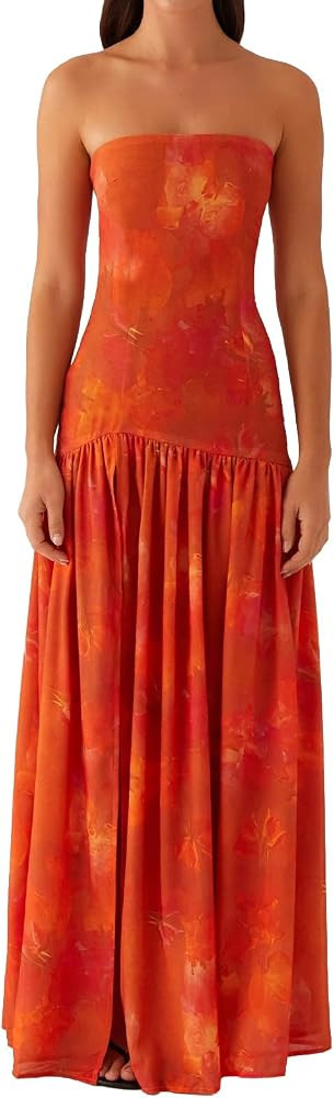 Women Tube Top Dress Tiger Stripe Mesh Patchwork Maxi Dress Strapless Sexy High Slit Long Dresses... | Amazon (US)