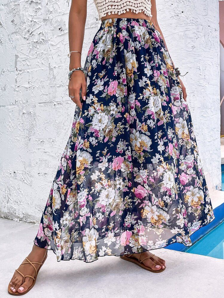 Allover Floral Print Maxi Skirt | SHEIN