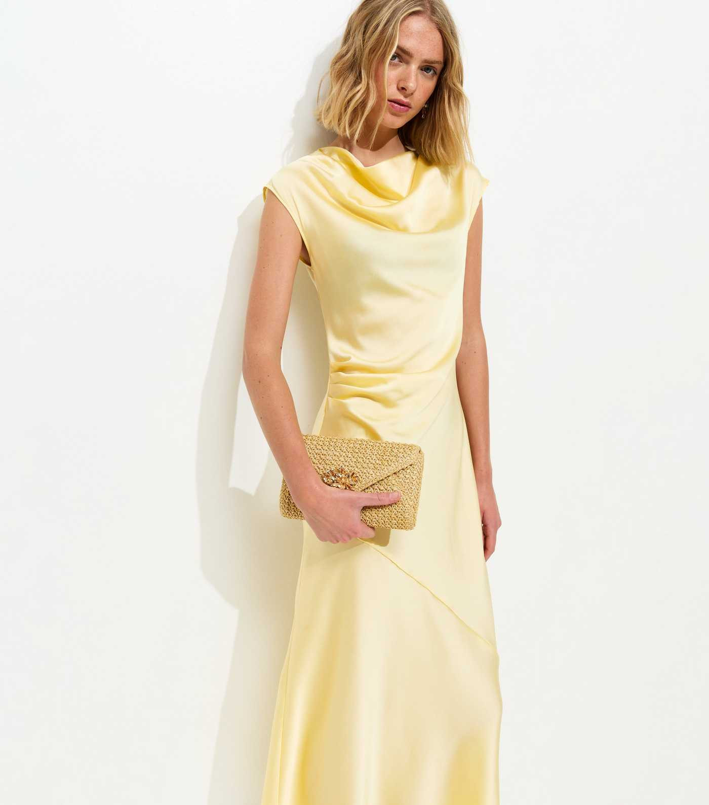 Yellow Relaxed Satin Cowl Neck Midi Dress | New Look | New Look (UK)
