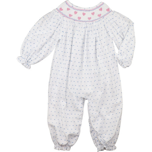 Blue Swiss Dot Smocked Hearts Long  Bubble | Cecil and Lou