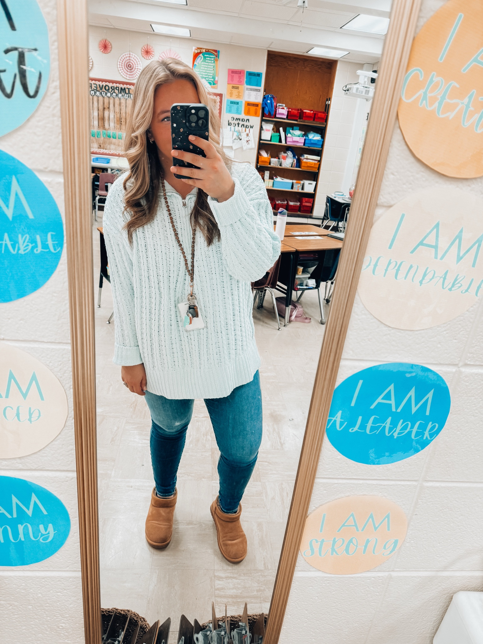 Cozy cute knit quarter zip sweater - buttery soft winter pullover - high rise denim jeans - ankle brown UGG dupe booties - casual teacher outfit for winter 

#LTKFindsUnder50 #LTKStyleTip #LTKMidsize