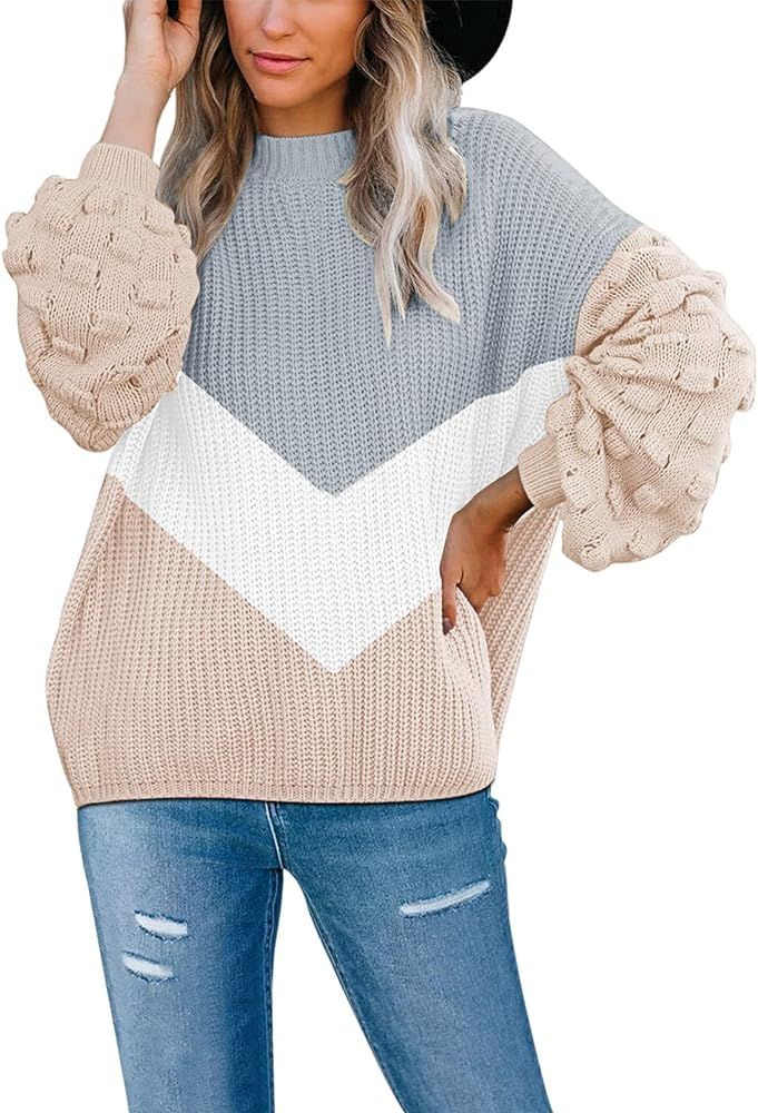 Sovoyontee Women's Fall Oversized Crewneck Long Puff Sleeve Chunky Knit Pullover Sweater Tops | Amazon (US)