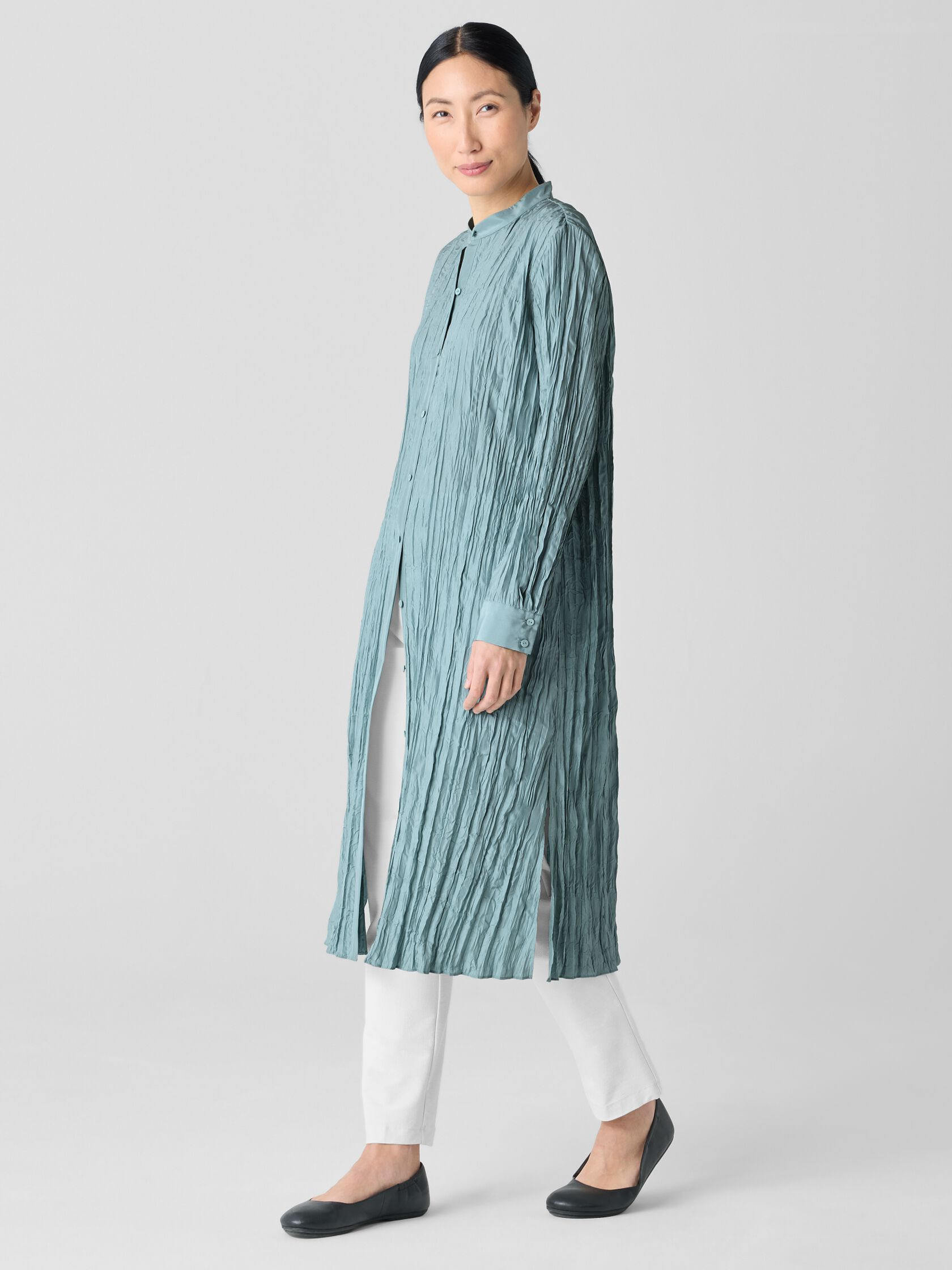 Crushed Silk Band Collar Long Shirt | Eileen Fisher
