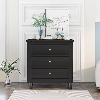 Bellemave 3-Drawer Nightstand, Wood Bedside Table Cabinet with Solid Pine Wood Legs, Black | Amazon (US)
