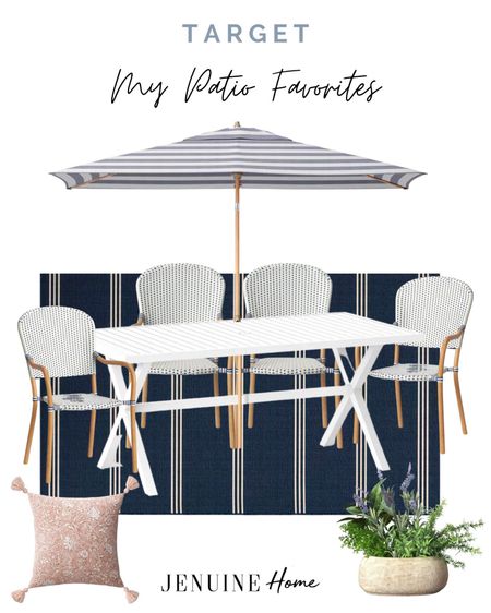 My patio favourites. Target outdoor. Outdoor white table. Serena and Lily inspired outdoor blue and white chair. Navy and white striped rug. Faux floral decor. Outdoor pink tassel pillow.  Blue and white striped Sun umbrella  