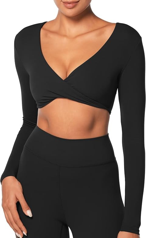 Sunzel Women's Long Sleeve Workout Tops Buttery Soft Deep V Twist Crop Top with Compression Yoga ... | Amazon (US)