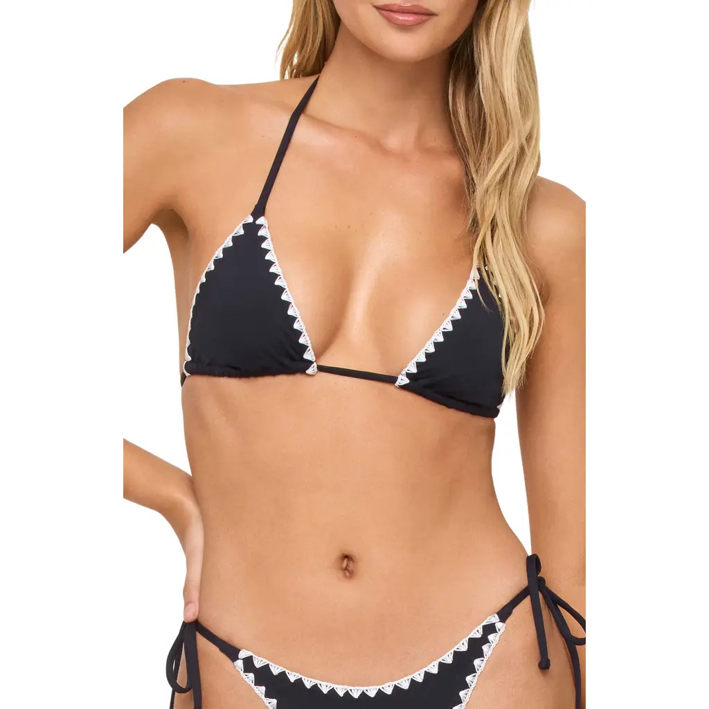LSPACE Zahra Embroidered Halter Swim Top in Black/cream at Nordstrom, Size X-Large | Nordstrom