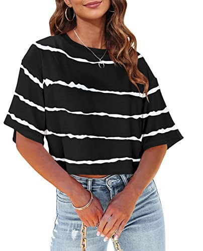 Tankaneo Women Half Sleeve Cropped T-Shirts Drop Shoulder Round Neck Crop Tops Casual Summer Soli... | Amazon (US)