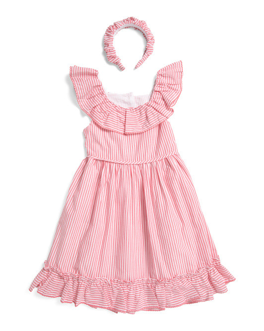 Girls Sleeveless Striped Dress With Ruffle Neck | TJ Maxx