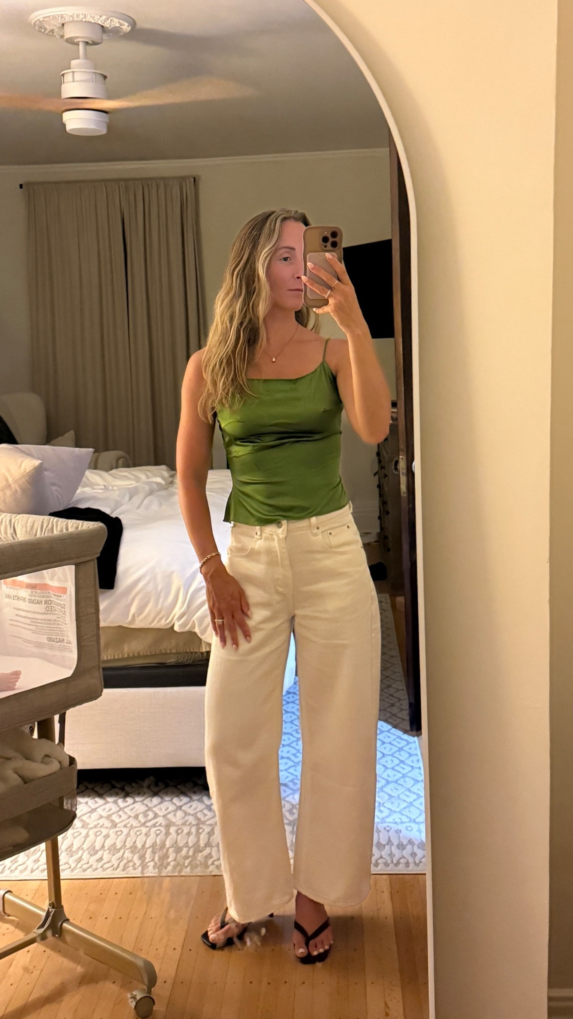 Anniversary date night outfit! My entire outfit is Shein sooo goood!! White denim, emerald green satin tank, flip flop heels, summer outfit

#LTKFindsUnder50