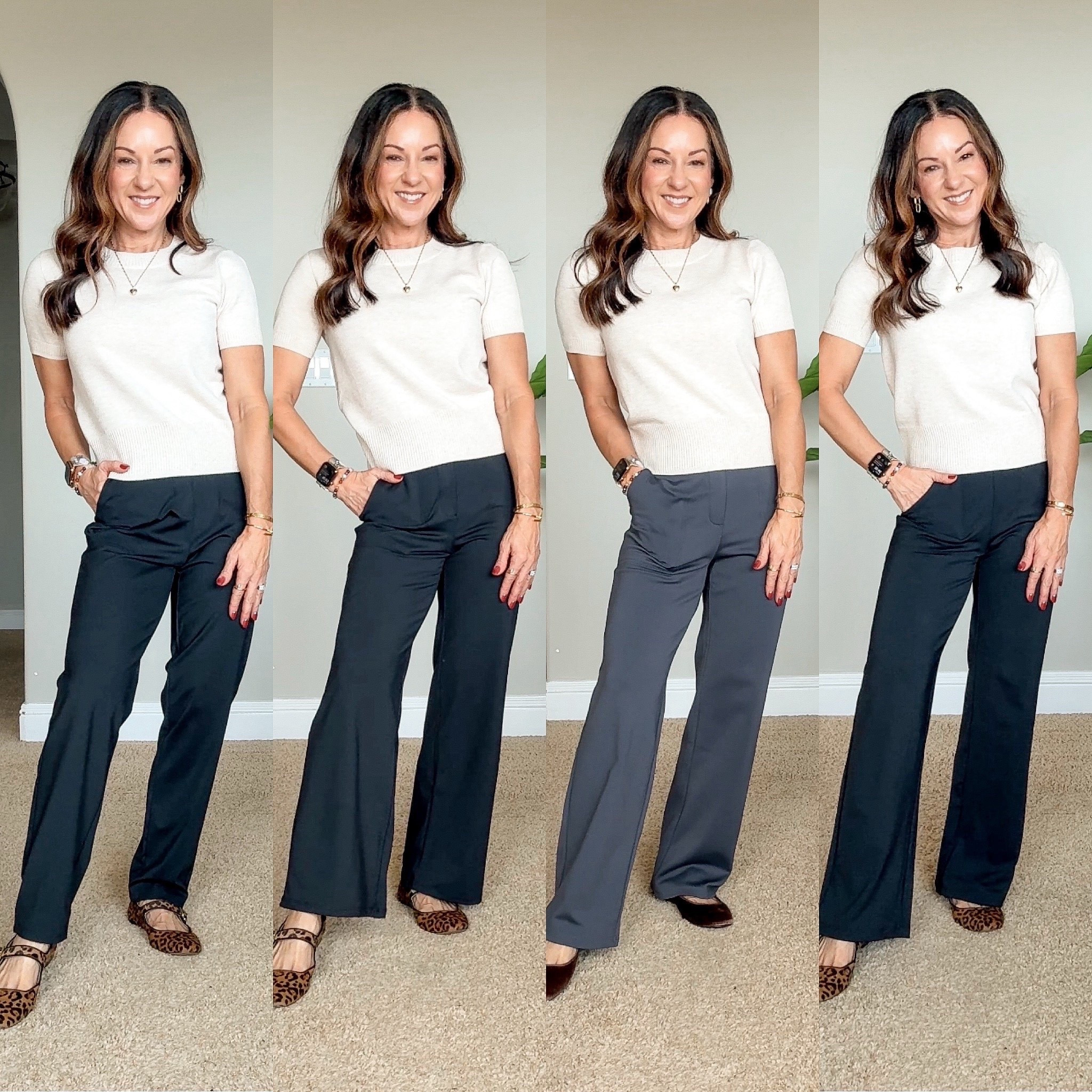 Yoga pants perfect for work, dressy occasions, or lounging. These have pockets and are available in several lengths. From left to right. Straight leg Black XS petite, Wide leg Black XS 27", Fleece lined Deep Grey XS Petite, Wide Leg Cross waist XS 29". For ref, I'm 5'1", 108lbs
Sweater XS
Shoes TTS

Workwear pants, office outfit, corporate outfit, teacher outfit, EverydayHolly

#LTKWorkwear #LTKootd #LTKPetite