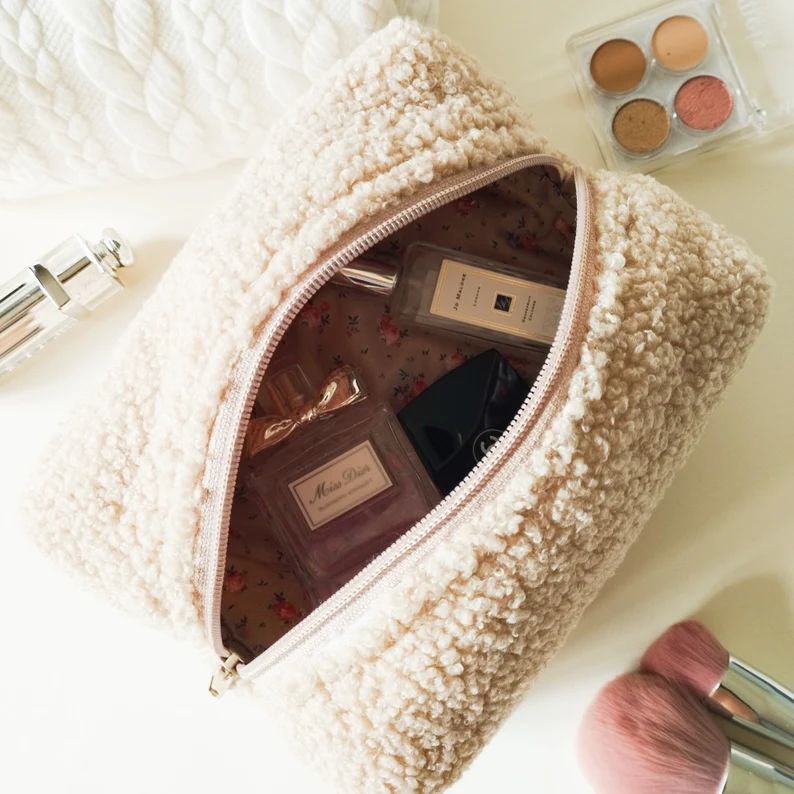 Makeup Bag, Super Soft Teddy Toiletry Bag for Women, Camel Tan Brown Make Up Bag, Handmade Fluffy... | Etsy (US)