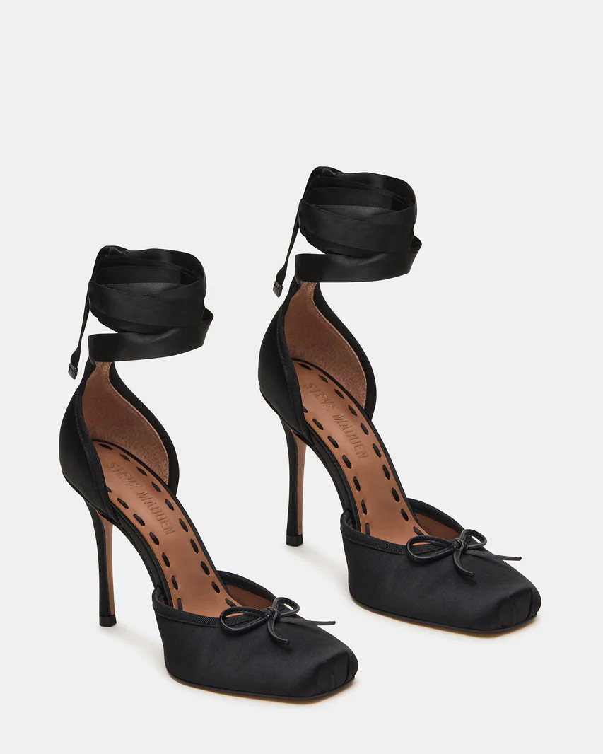 LARINA Black Satin Square-Toe Stiletto Pump Lace-Up Women's Heel | Steve Madden (US)