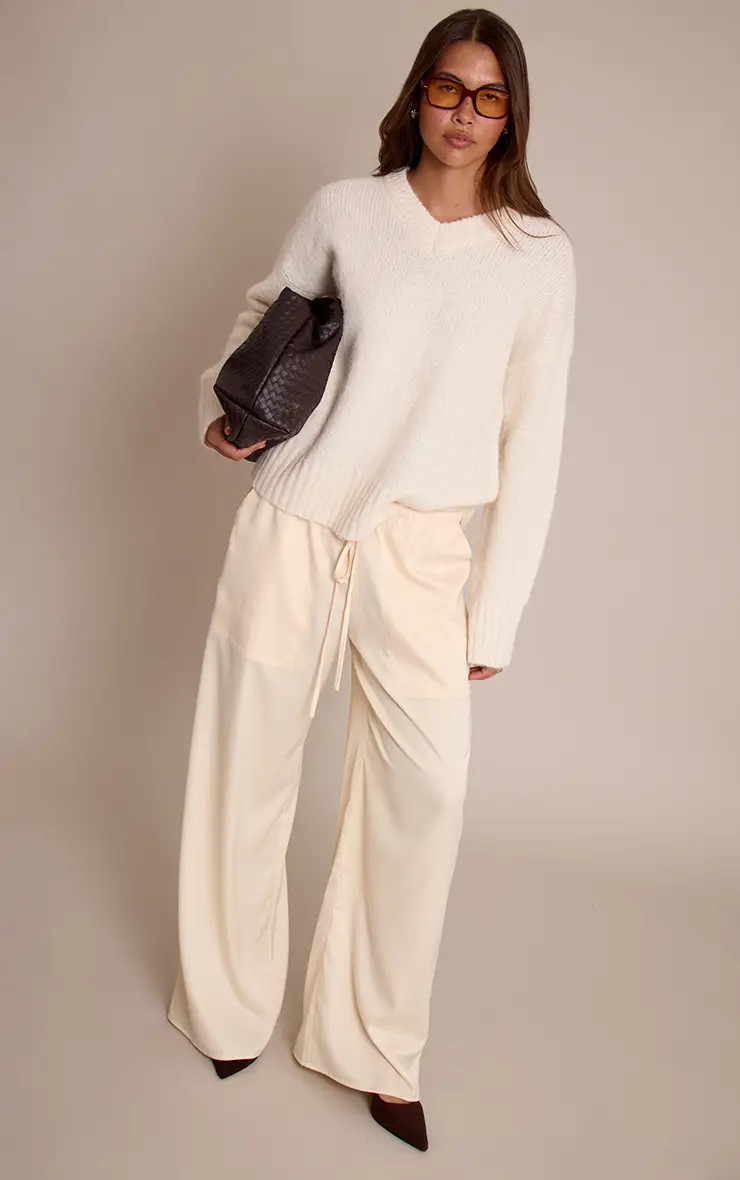 Butter Cream Satin Low Rise Wide Leg Drawstring Trousers | PrettyLittleThing UK