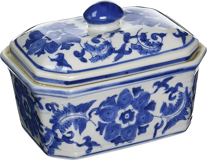 Oriental Furniture 8" Floral Blue & White Porcelain Covered Jar | Amazon (US)