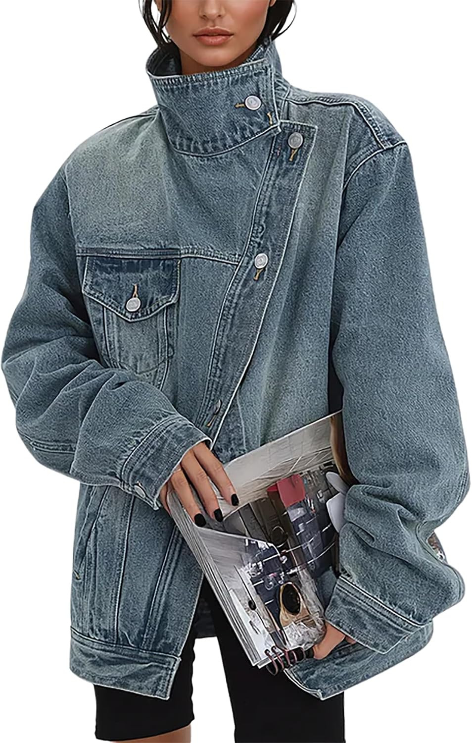 Denim Jackets for Women Trendy Oversized Long Sleeve Lapel Jean Jacket with Pockets Casual Streetwear | Amazon (US)