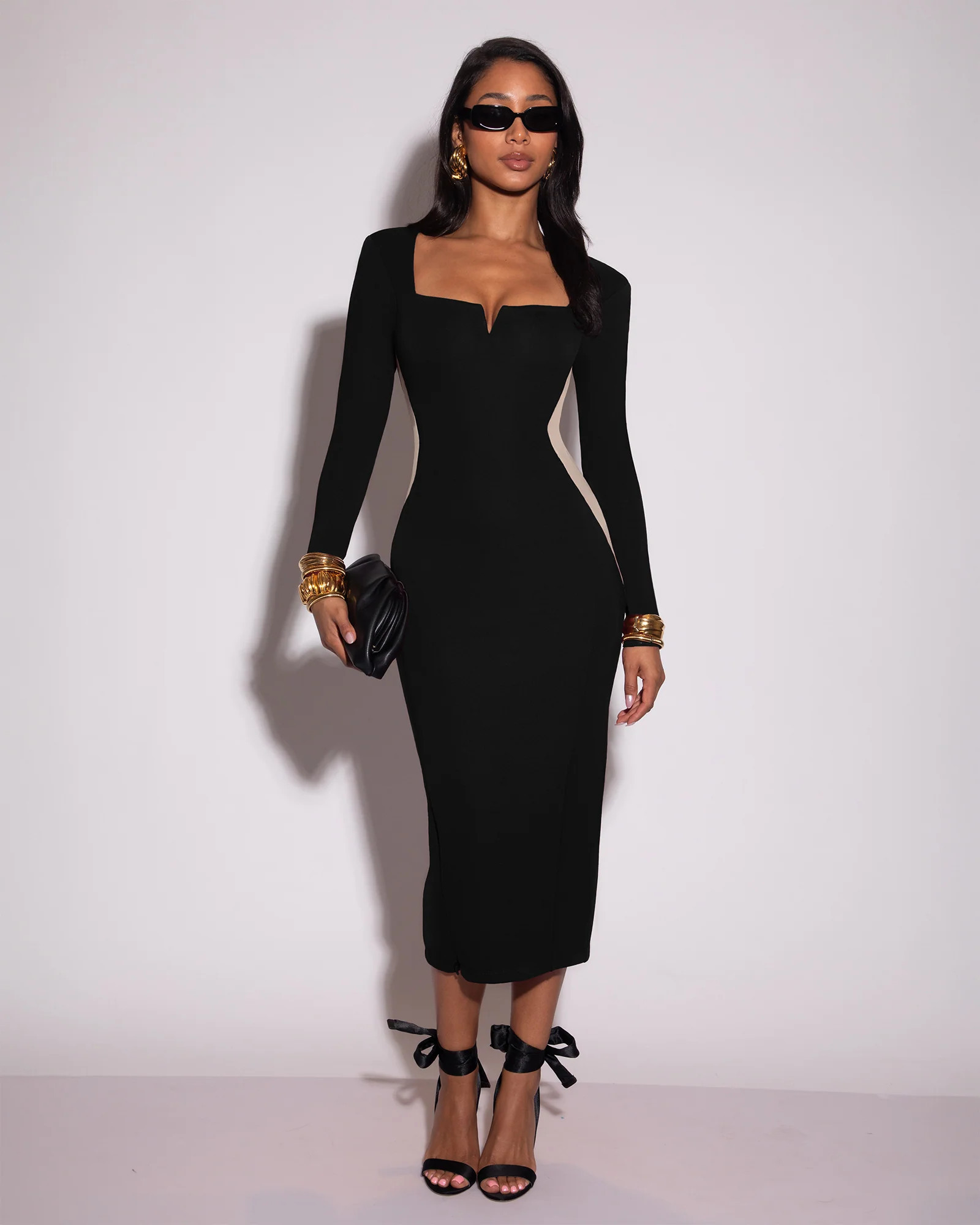 Notchy Long Sleeve Midi Dress - Contour Black/Oat | TA3