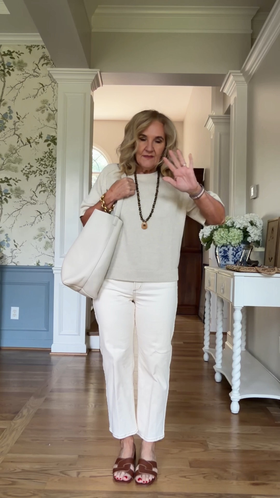 Sweater size up I’m wearing a large
Slim straight denim I am wearing a 29 petite and actually the exact same pair is available with the brown top stitch
Linking these shoes with the sizes were pretty limited. I have a similar pair that will work.
Leather bag/tote is now restocked don’t miss it this time around

#LTKOver40 #LTKSaleAlert #LTKPetite