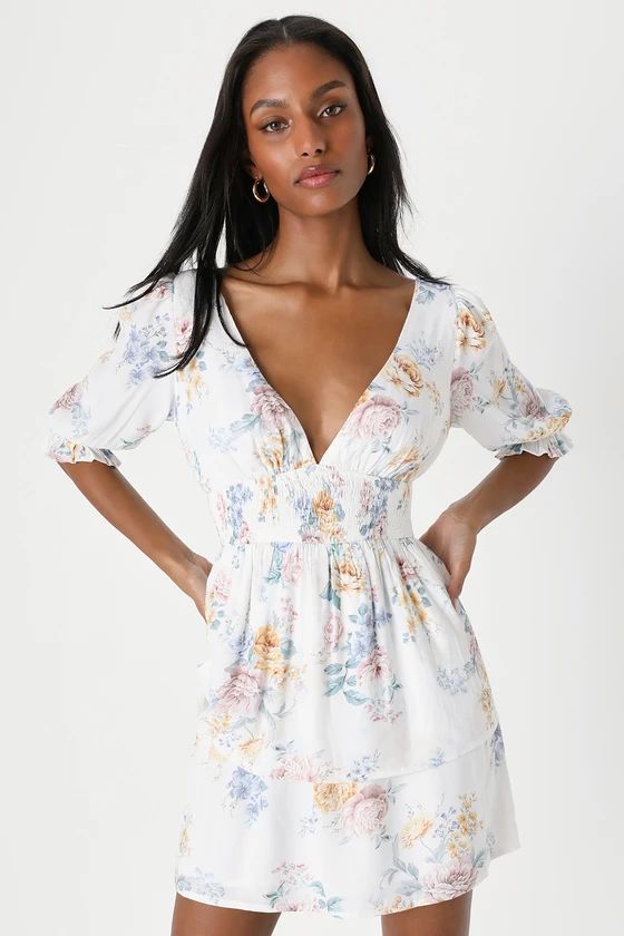 Blooming Feelings White Floral Print Puff Sleeve Mini Dress | Lulus (US)