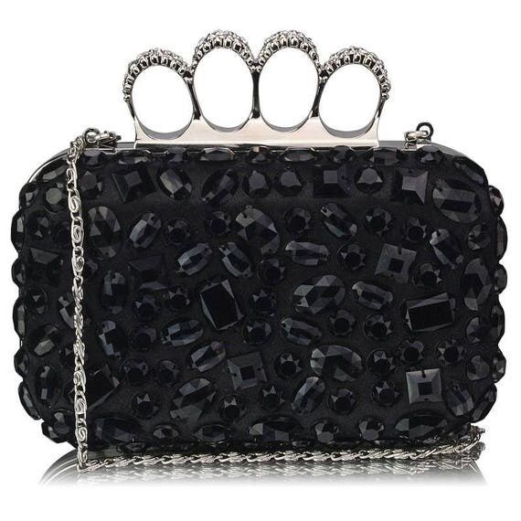 Black Knuckle Rings Clutch With Crystal Decoration | Etsy (US)