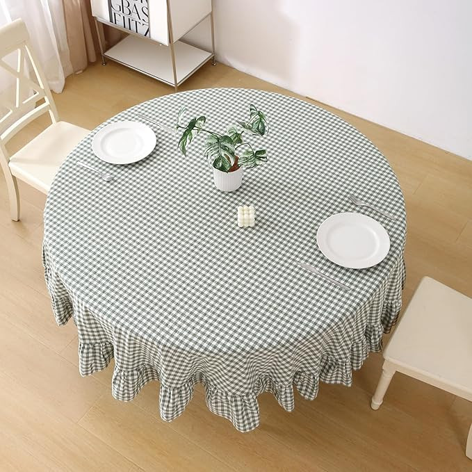 100% Cotton Sage Green Plaid Ruffled Table Cloth Round Cover, Dia.70 in Farmhouse Checker Gingham... | Amazon (US)