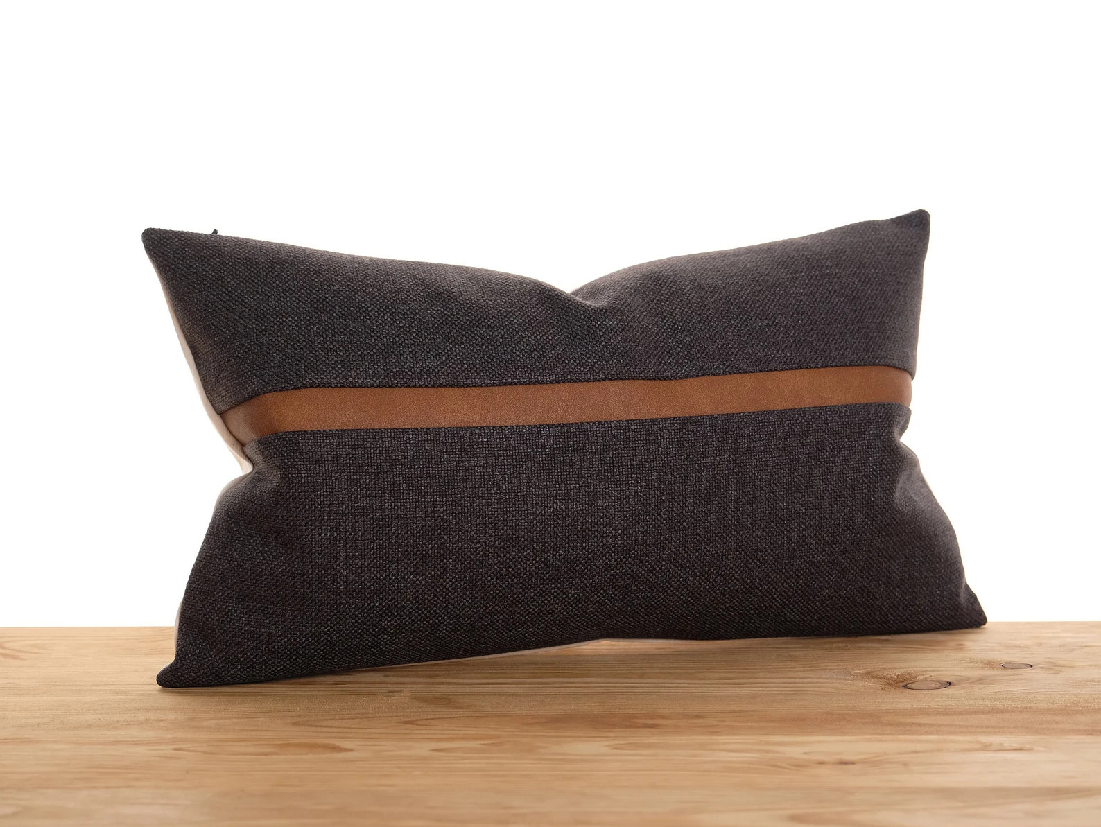 Faux Leather Stripe Accent, Charcoal Lumbar Pillow Cover, Dark Gray Cushion Case | Etsy (US)