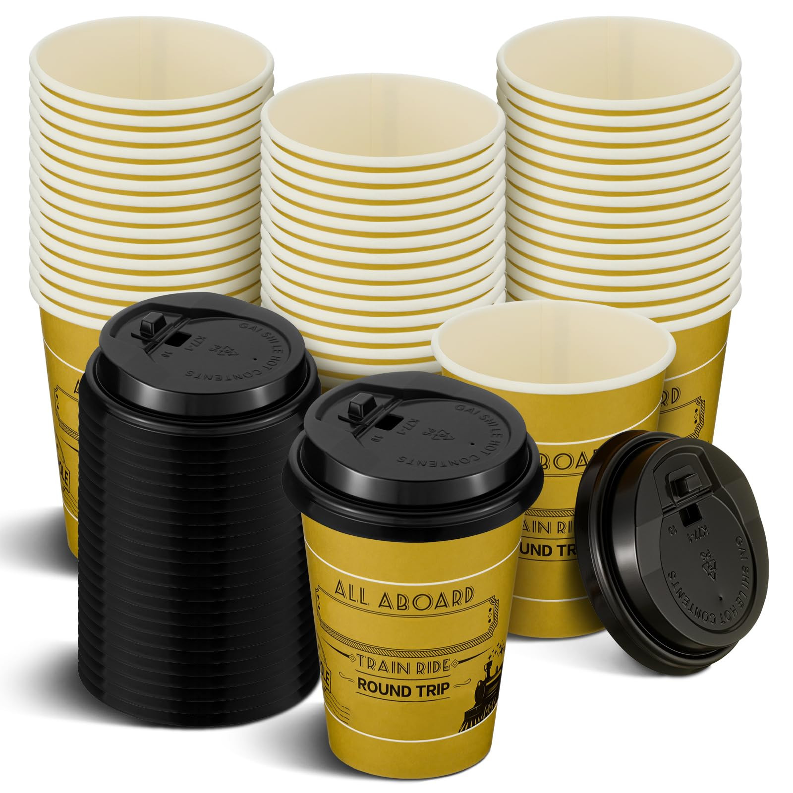 50 Pack Christmas Disposable Coffee Cups with Lids North Pole Train Golden Tickets 9 oz Bulk Hot ... | Amazon (US)