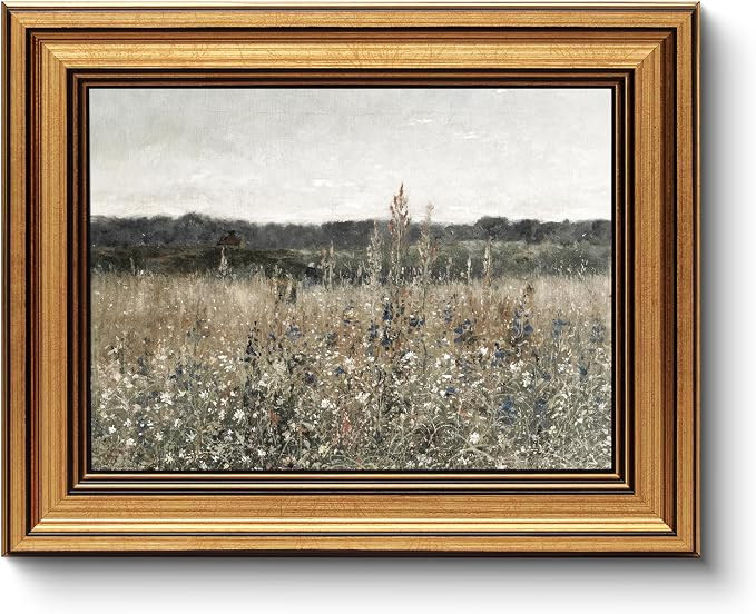 HUARCEY Framed Canvas Wall Art Prints, Living Room Shelf Vintage Art Aesthetic, Wildflower Landsc... | Amazon (US)